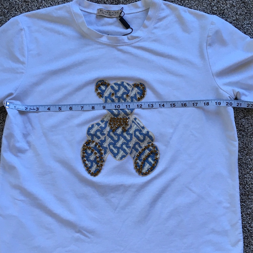 Burberry White Short Sleeve Tee with Blue & Gold Teddy Motif - Picture 4 of 6